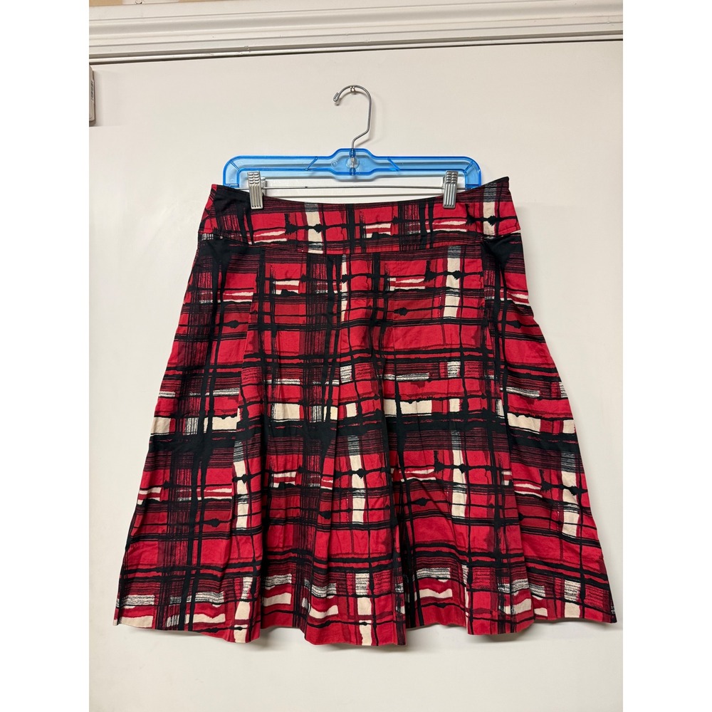 New York & Company Red Abstract Plaid A-Line Skirt Womens 8 Cotton Knee Length